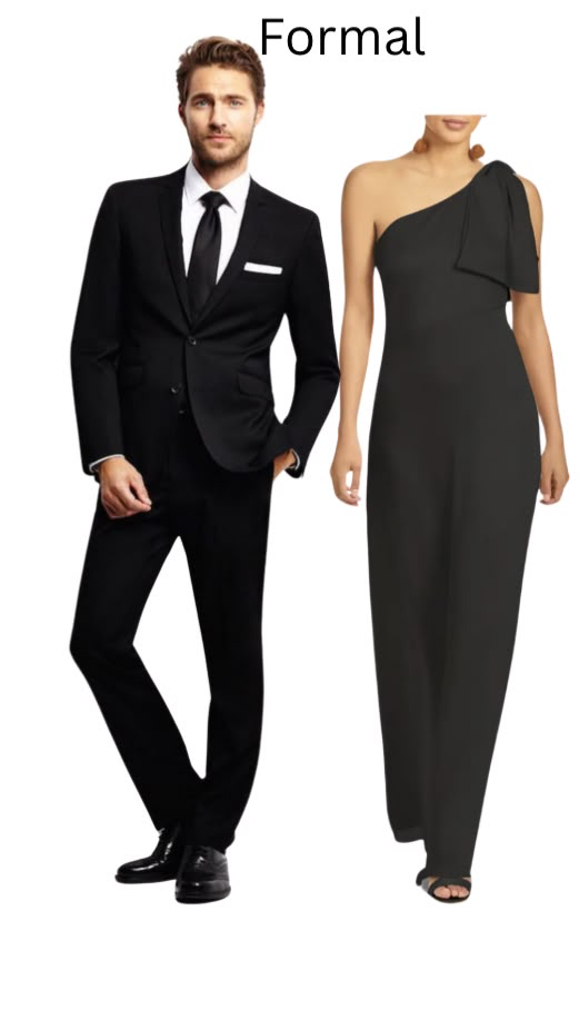 Ejemplo formal de vestido largo negro y traje negro